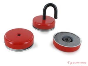 Three red ferrite limpet pot magnets